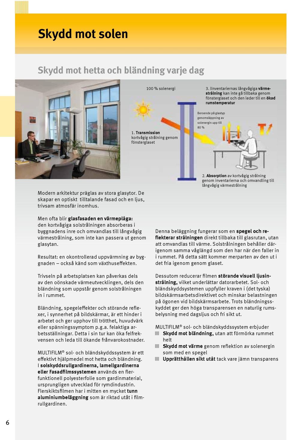 transmission kortvågig strålning genom fönsterglaset Beroende på glastyp genomsläppning av solenergin upp till 80 % Modern arkitektur präglas av stora glasytor.