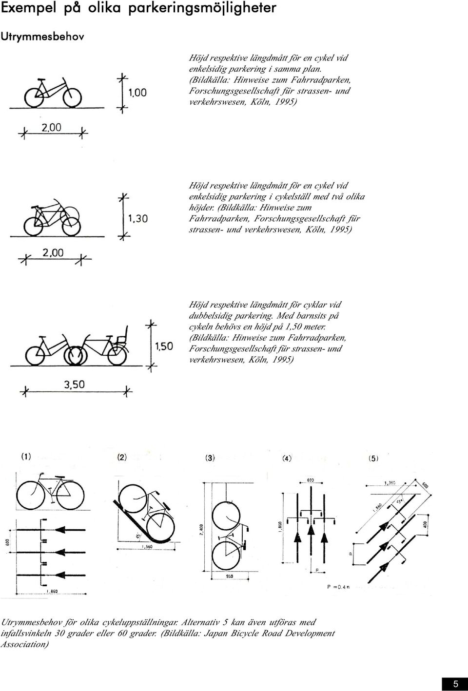 höjder. (Bildkälla: Hinweise zum Fahrradparken, Forschungsgesellschaft für strassen- und verkehrswesen, Köln, 1995) Höjd respektive längdmått för cyklar vid dubbelsidig parkering.