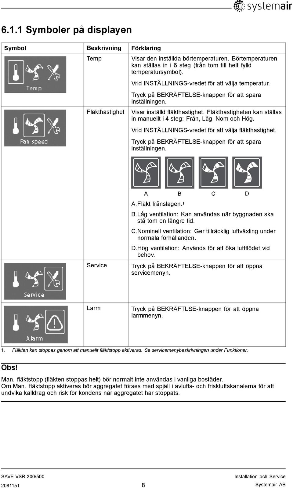 Fläkthastigheten kan ställas in manuellt i 4 steg: Från, Låg, Nom och Hög. Vrid INSTÄLLNINGS-vredet för att välja fläkthastighet. Tryck på BEKRÄFTELSE-knappen för att spara inställningen. Service A.