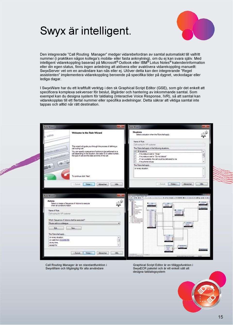 Med intelligent vidarekoppling baserad på Microsoft Outlook eller IBM Lotus Notes kalenderinformation eller din egen status, finns ingen anledning att aktivera eller avaktivera vidarekoppling