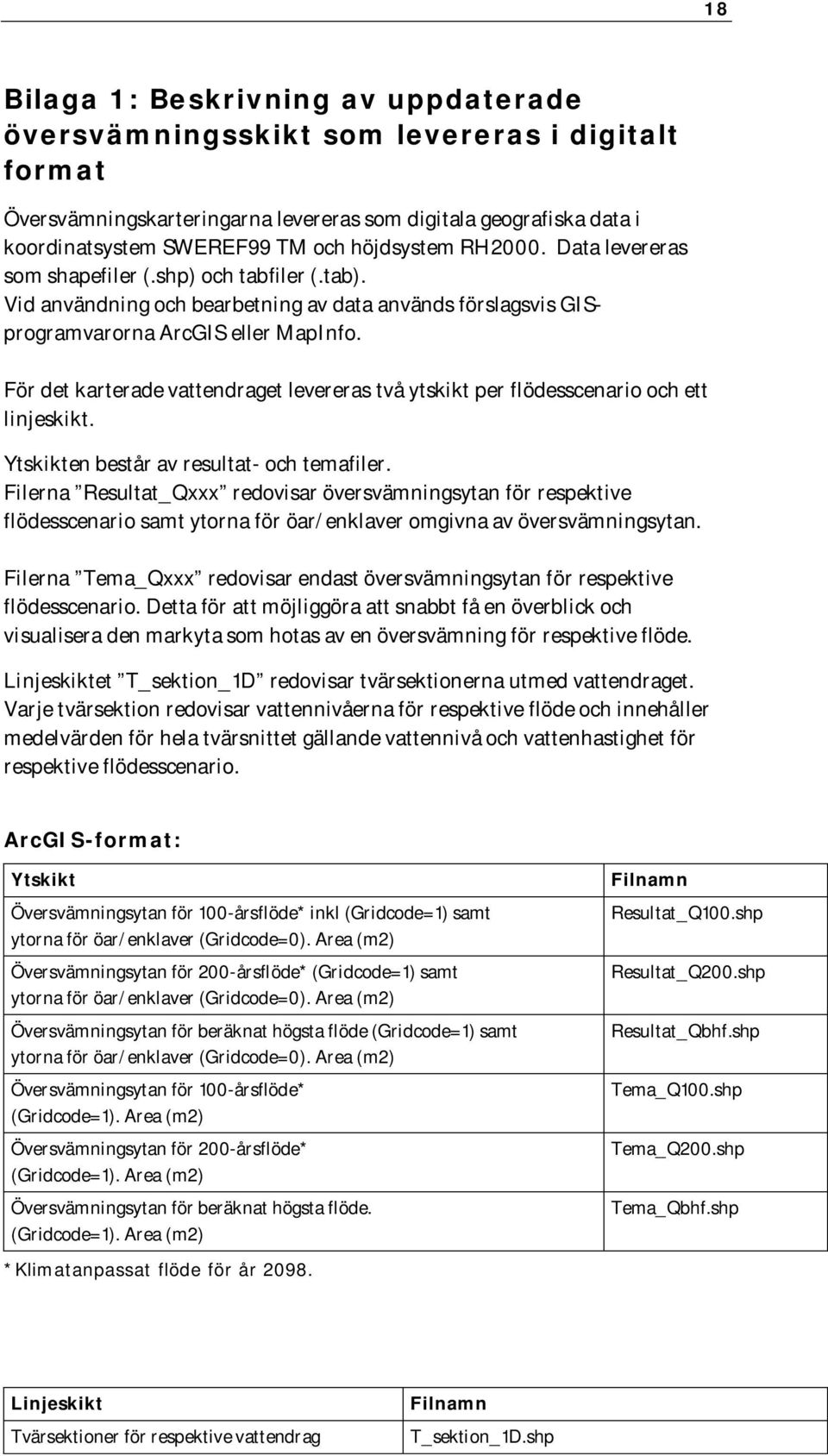 För det karterade vattendraget levereras två ytskikt per flödesscenario och ett linjeskikt. Ytskikten består av resultat- och temafiler.