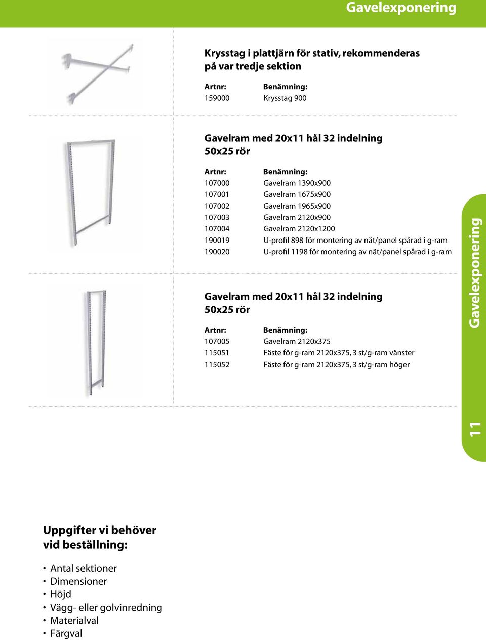 U-profil 1198 för montering av nät/panel spårad i g-ram Gavelram med 20x11 hål 32 indelning 50x25 rör 107005 Gavelram 2120x375 115051 Fäste för g-ram 2120x375, 3 st/g-ram