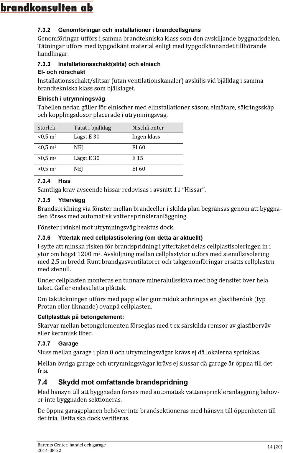 3 Installationsschakt(slits) och elnisch El- och rörschakt Installationsschakt/slitsar (utan ventilationskanaler) avskiljs vid bjälklag i samma brandtekniska klass som bjälklaget.