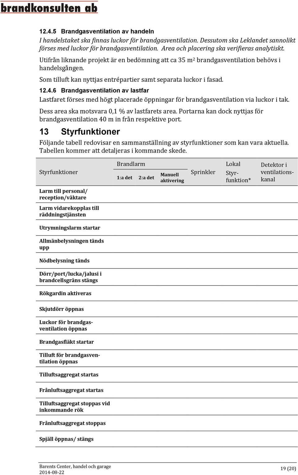 Som tilluft kan nyttjas entrépartier samt separata luckor i fasad. 12.4.6 Brandgasventilation av lastfar Lastfaret förses med högt placerade öppningar för brandgasventilation via luckor i tak.