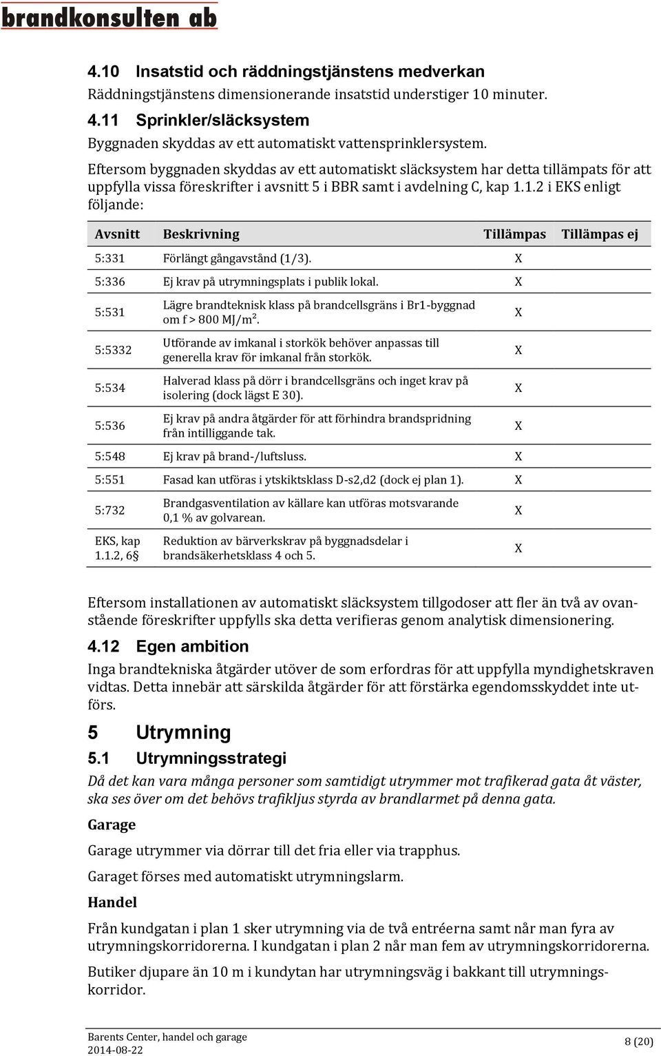 Eftersom byggnaden skyddas av ett automatiskt släcksystem har detta tillämpats för att uppfylla vissa föreskrifter i avsnitt 5 i BBR samt i avdelning C, kap 1.