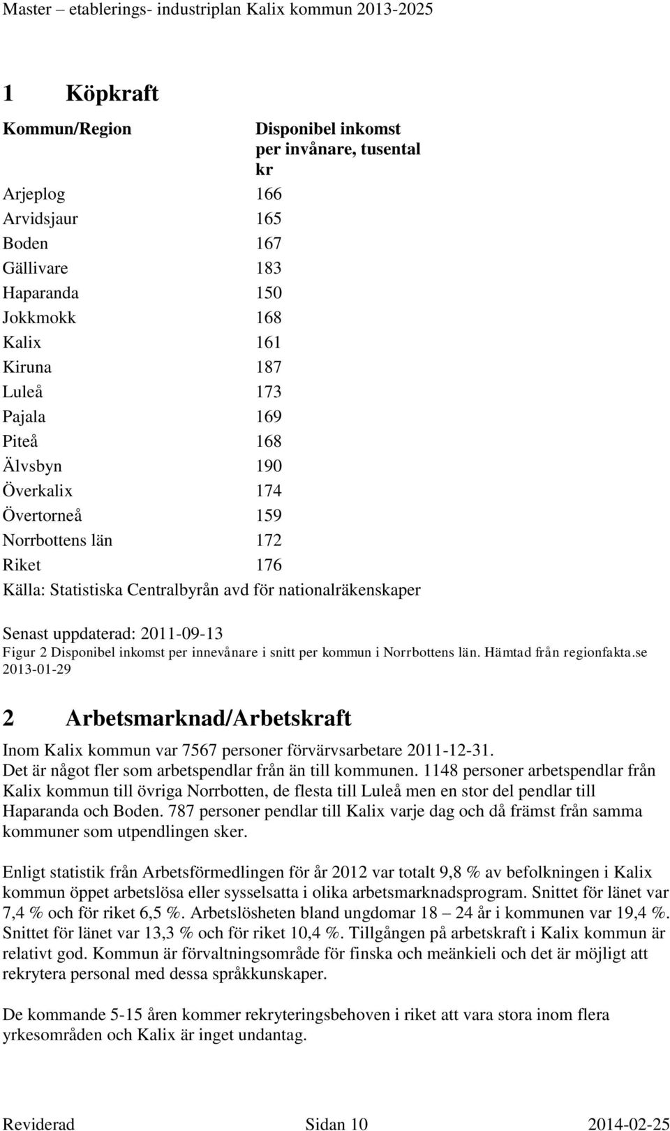 innevånare i snitt per kommun i Norrbottens län. Hämtad från regionfakta.se 2013-01-29 2 Arbetsmarknad/Arbetskraft Inom Kalix kommun var 7567 personer förvärvsarbetare 2011-12-31.