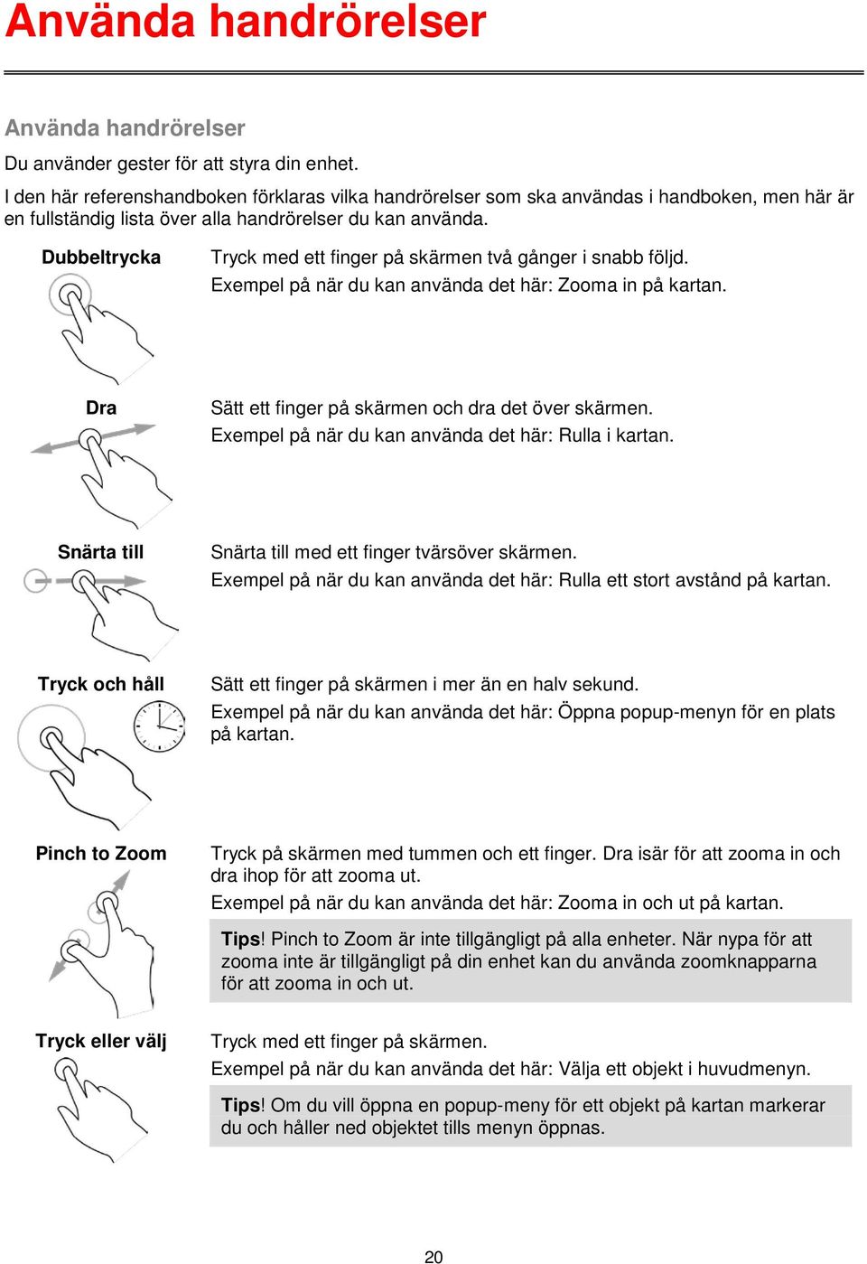 Dubbeltrycka Tryck med ett finger på skärmen två gånger i snabb följd. Exempel på när du kan använda det här: Zooma in på kartan. Dra Sätt ett finger på skärmen och dra det över skärmen.