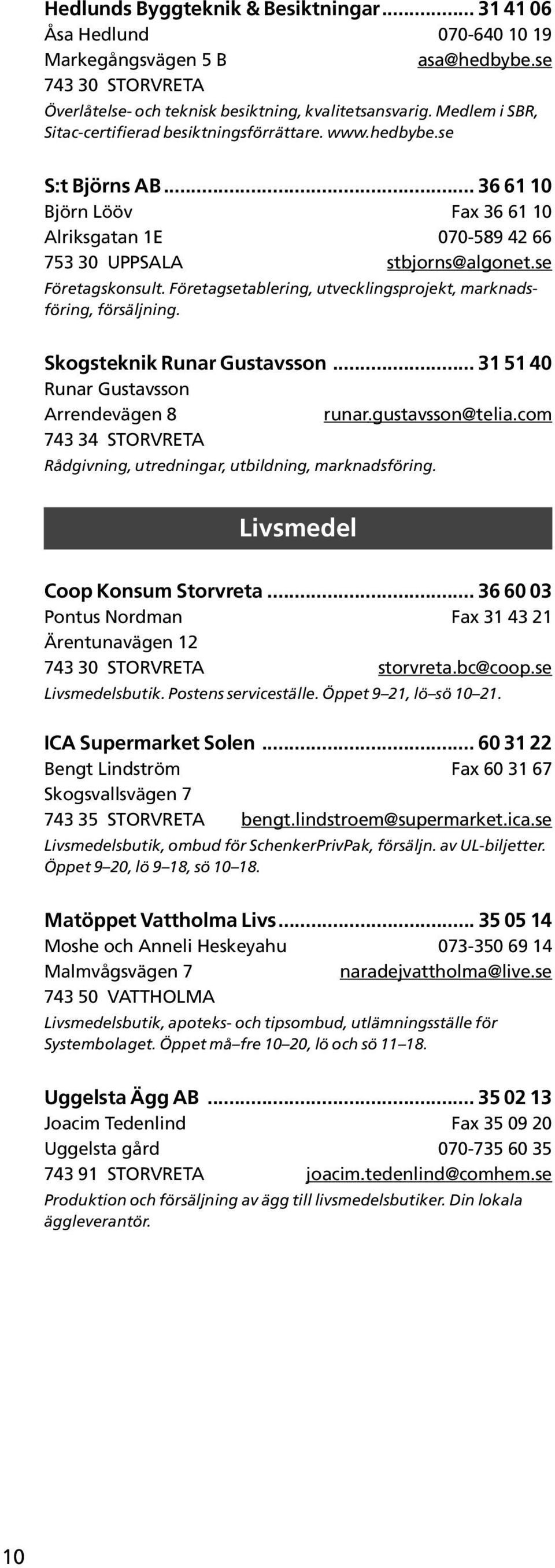 Företagsetablering, utvecklingsprojekt, marknadsföring, försäljning. Skogsteknik Runar Gustavsson... 31 51 40 Runar Gustavsson Arrendevägen 8 runar.gustavsson@telia.