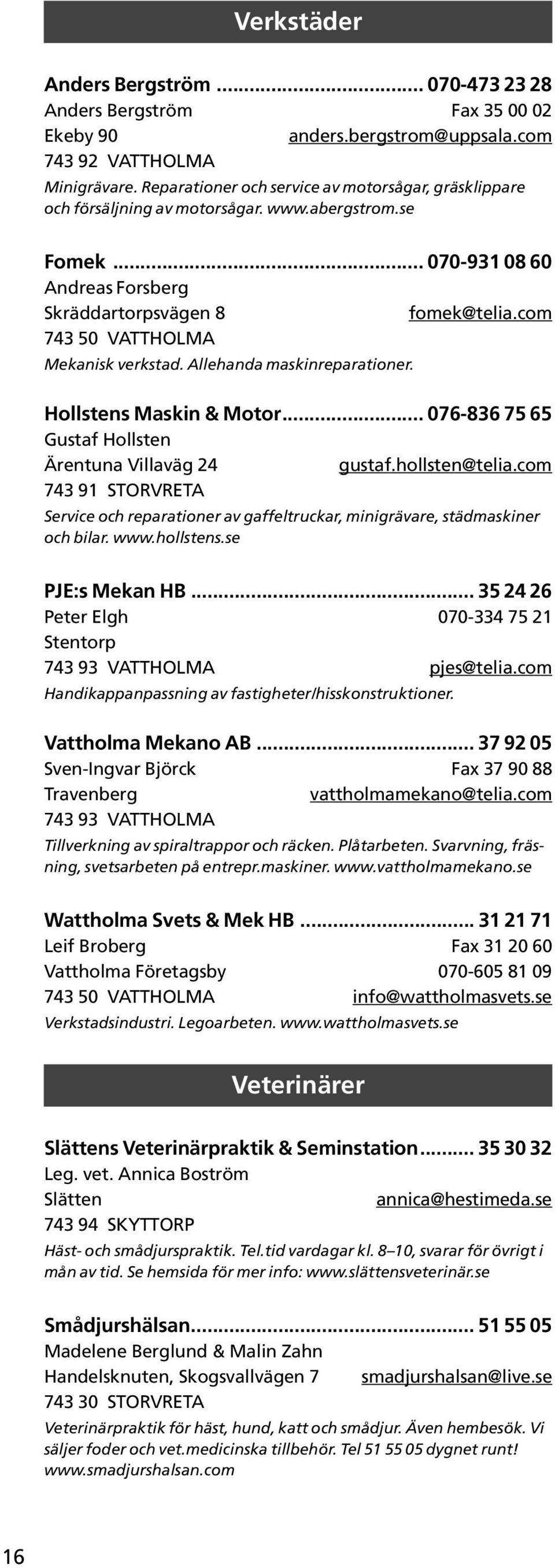 com 743 50 VATTHOLMA Mekanisk verkstad. Allehanda maskinreparationer. Hollstens Maskin & Motor... 076-836 75 65 Gustaf Hollsten Ärentuna Villaväg 24 gustaf.hollsten@telia.