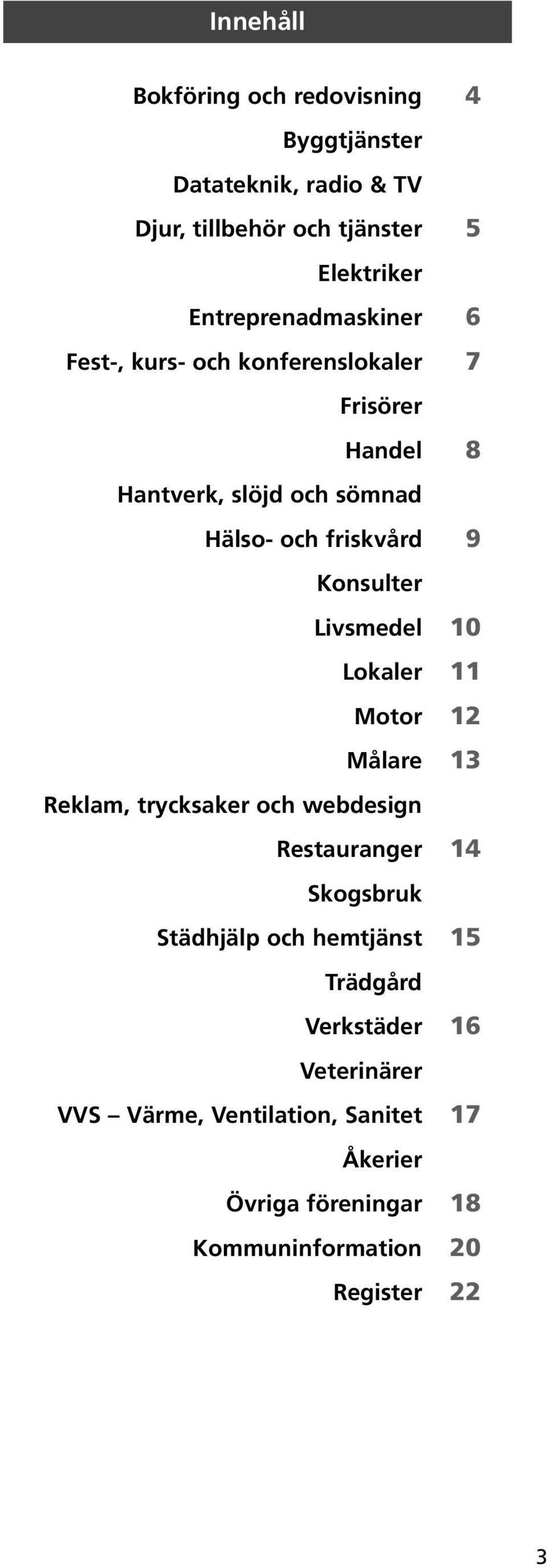 Konsulter Livsmedel 10 Lokaler 11 Motor 12 Målare 13 Reklam, trycksaker och webdesign Restauranger 14 Skogsbruk Städhjälp och