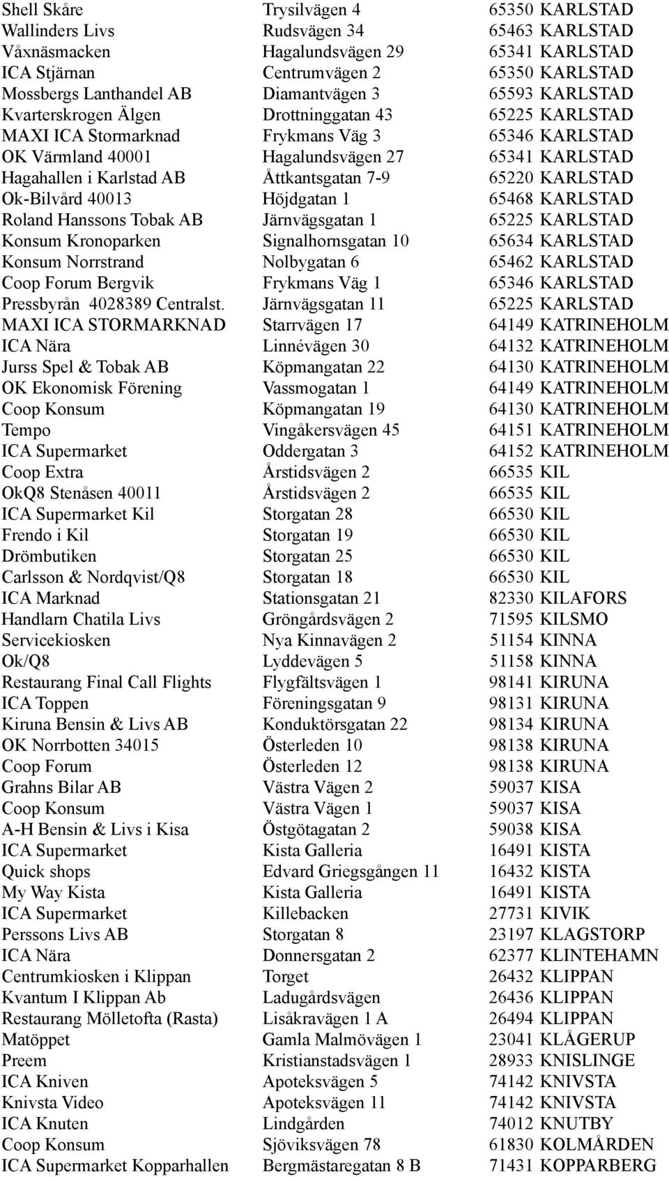 Karlstad AB Åttkantsgatan 7-9 65220 KARLSTAD Ok-Bilvård 40013 Höjdgatan 1 65468 KARLSTAD Roland Hanssons Tobak AB Järnvägsgatan 1 65225 KARLSTAD Konsum Kronoparken Signalhornsgatan 10 65634 KARLSTAD