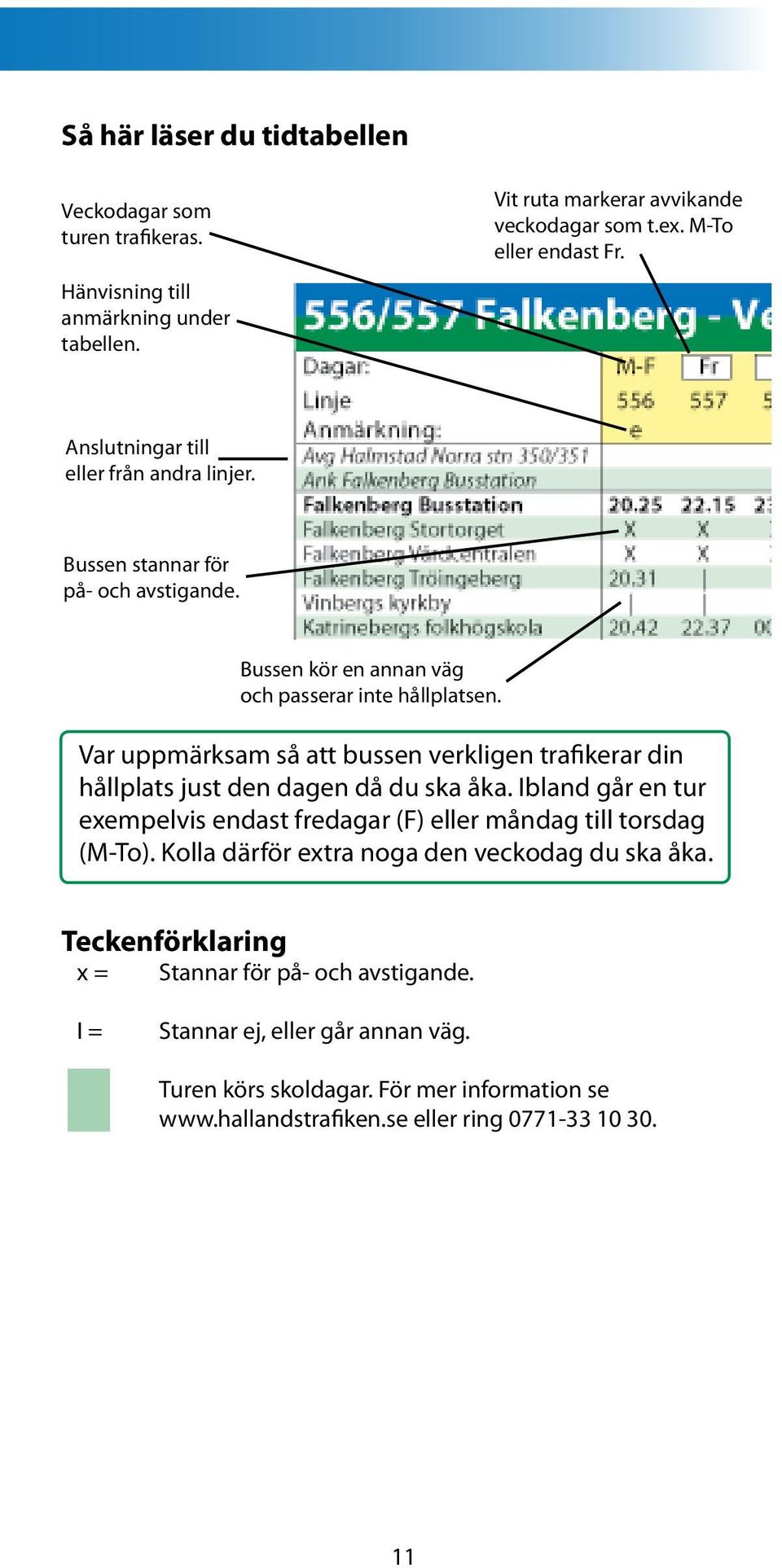 Var uppmärksam så att bussen verkligen trafikerar din hållplats just den dagen då du ska åka. Ibland går en tur exempelvis endast fredagar (F) eller måndag till torsdag (M-To).