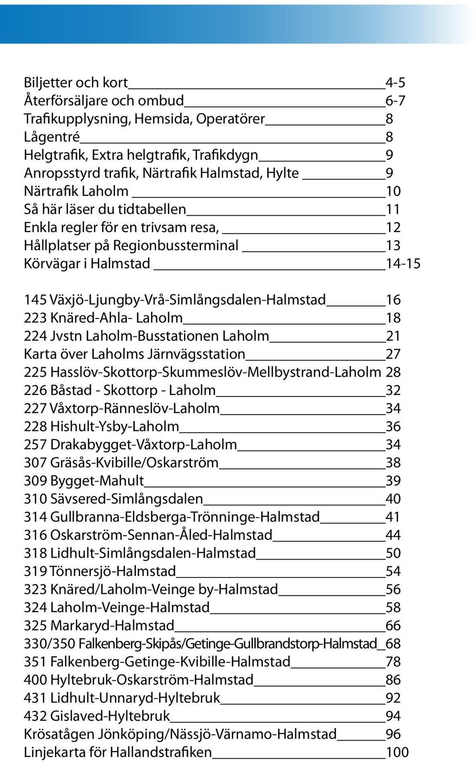 223 Knäred-Ahla- Laholm 18 224 Jvstn Laholm-Busstationen Laholm 21 Karta över Laholms Järnvägsstation 27 225 Hasslöv-Skottorp-Skummeslöv-Mellbystrand-Laholm 28 226 Båstad - Skottorp - Laholm 32 227