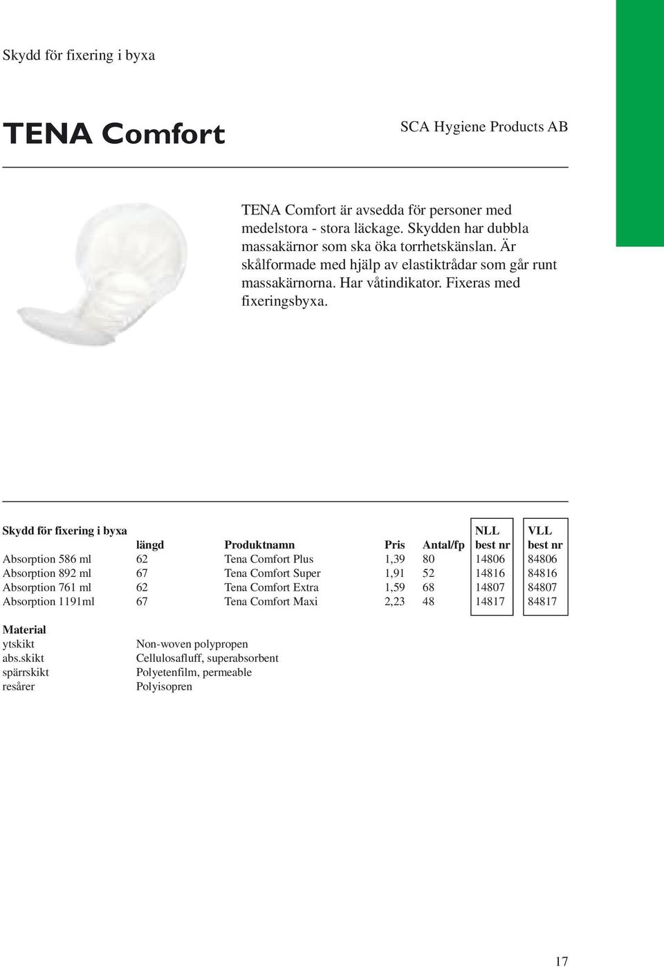 Skydd för fixering i byxa NLL VLL längd Produktnamn Pris Antal/fp best nr best nr Absorption 586 ml 62 Tena Comfort Plus 1,39 80 14806 84806 Absorption 892 ml 67 Tena Comfort Super 1,91 52