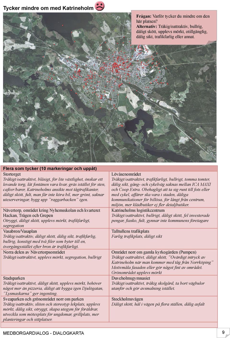 Flera som tycker (10 markeringar och uppåt) Stortorget Tråkigt/oattraktivt, blåsigt, för lite växtlighet, önskar ett levande torg, låt fontänen vara kvar, gräs istället för sten, caféer/barer,