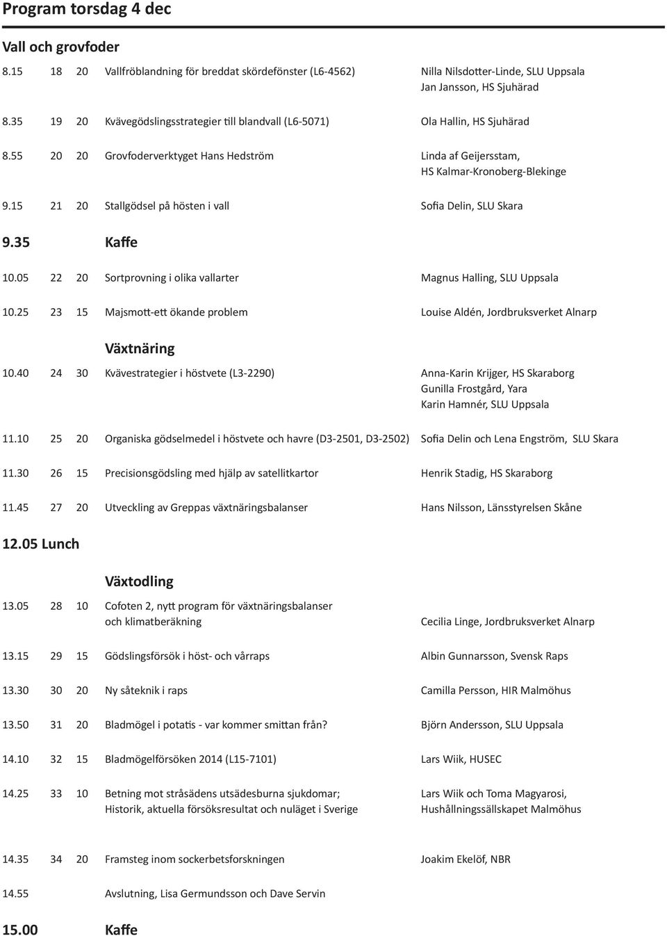 15 21 20 Stallgödsel på hösten i vall Sofia Delin, SLU Skara 9.35 Kaffe 10.05 22 20 Sortprovning i olika vallarter Magnus Halling, SLU Uppsala 10.