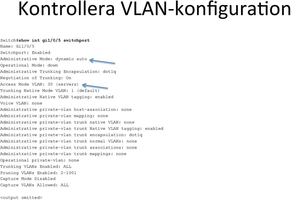 host-association: none Administrative private-vlan mapping: none Administrative private-vlan trunk native VLAN: none Administrative private-vlan trunk Native VLAN tagging: enabled Administrative