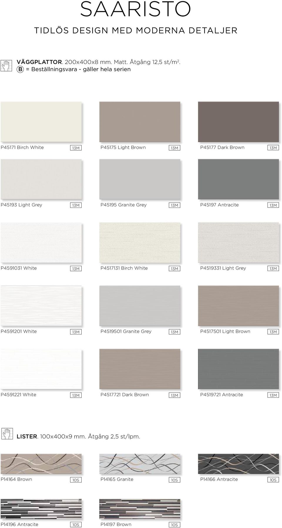 P45197 Antracite 13M P4591031 White 13M P4517131 irch White 13M P4519331 Light Grey 13M P4591201 White 13M P4519501 Granite Grey 13M P4517501 Light