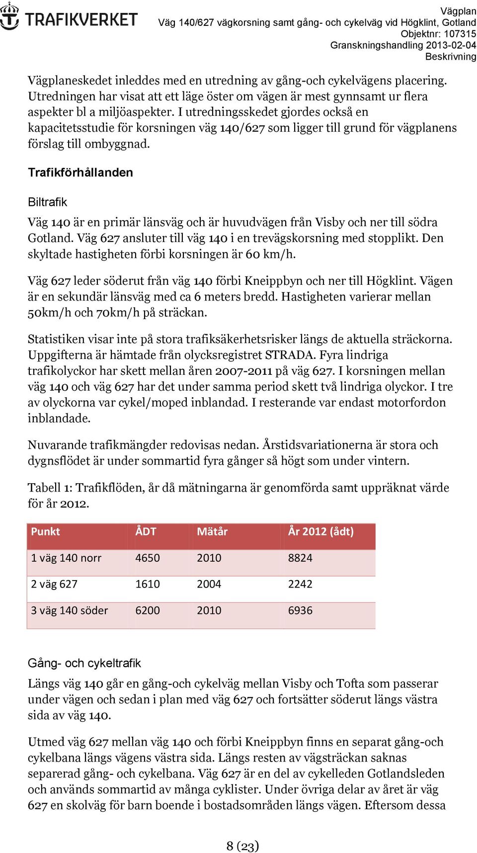 Trafikförhållanden Biltrafik Väg 140 är en primär länsväg och är huvudvägen från Visby och ner till södra Gotland. Väg 627 ansluter till väg 140 i en trevägskorsning med stopplikt.