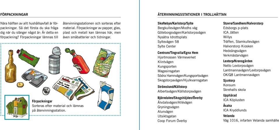 Förpackningar av papper, glas, plast och metall kan lämnas här, men även småbatte rier och tidningar.