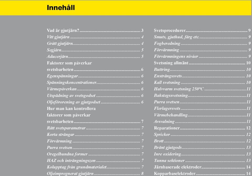 .. 7 Förvärmning... 7 Purra svetsen... 7 Oregelbundna former... 7 HAZ och inträngningszon... 7 Kolupptag från grundmaterialet... 7 Oljeimpregnerat gjutjärn... 8 Svetsprocedurer.