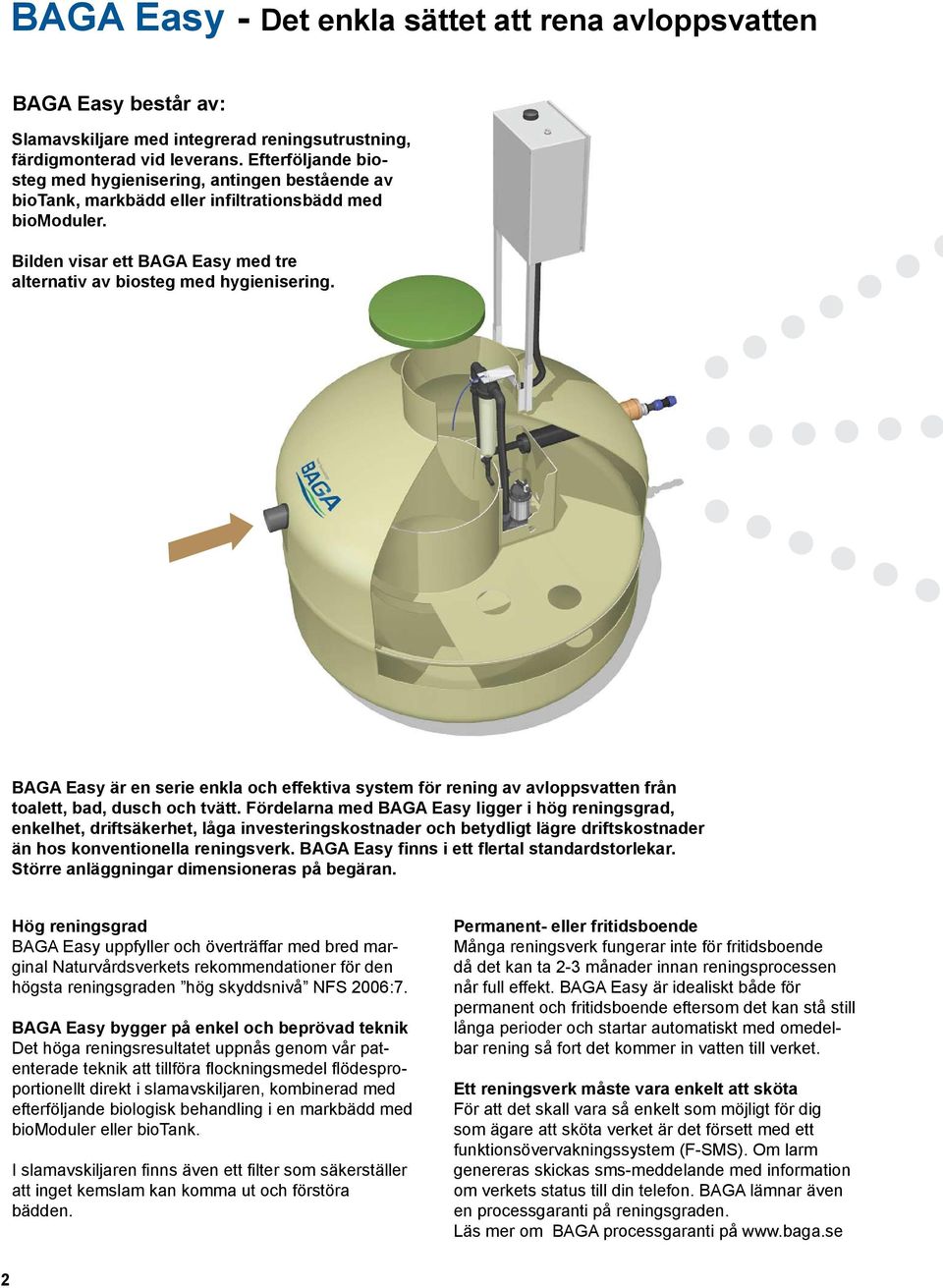 BAGA Easy är en serie enkla och effektiva system för rening av avloppsvatten från toalett, bad, dusch och tvätt.