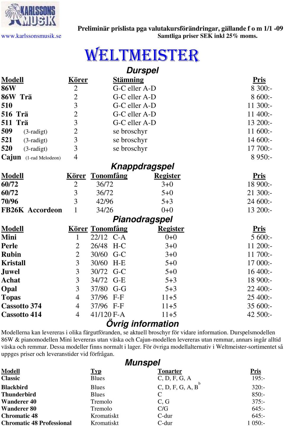 (1-rad Melodeon) 4 8 950:- Modell Körer Tonomfång Register Pris 60/72 2 36/72 3+0 18 900:- 60/72 3 36/72 5+0 21 300:- 70/96 3 42/96 5+3 24 600:- FB26K Accordeon 1 34/26 0+0 13 200:- Modell Körer