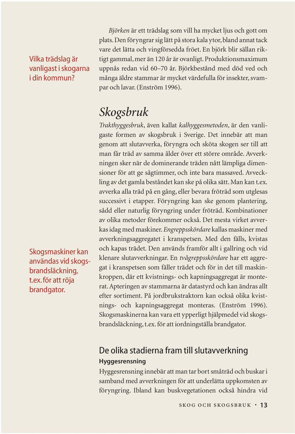 Produktionsmaximum uppnås redan vid 60 70 år. Björkbestånd med död ved och många äldre stammar är mycket värdefulla för insekter, svampar och lavar. (Enström 1996).