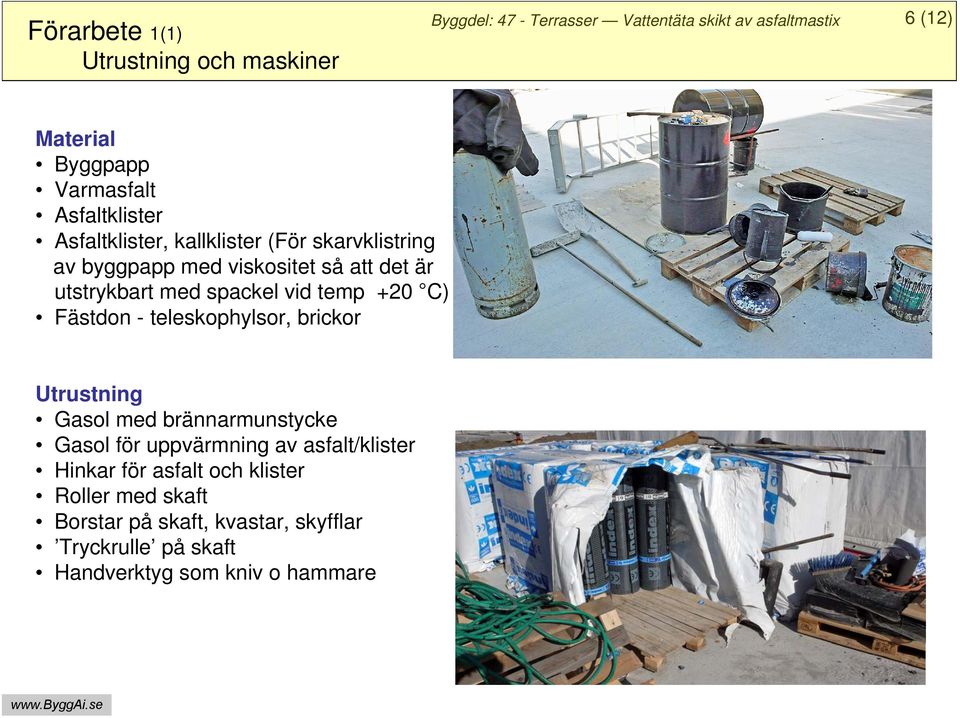 teleskophylsor, brickor Utrustning Gasol med brännarmunstycke Gasol för uppvärmning av asfalt/klister Hinkar för