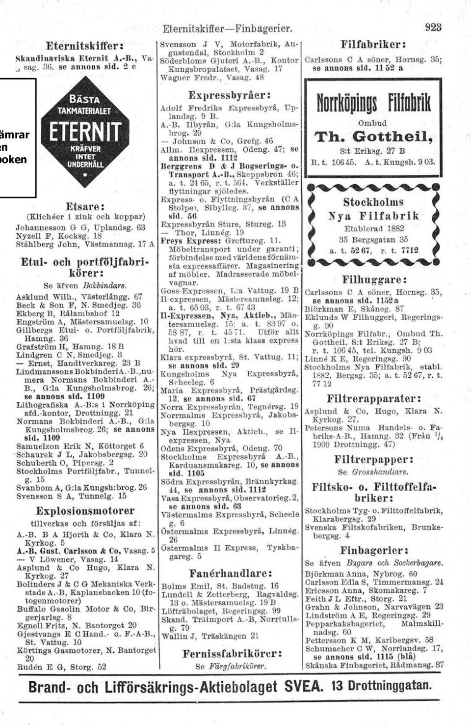 36 Ekberg B, Rålambshof 12 Engström A, Mästersamuelsg. 10 Gillbergs Etui' o. Portföljfabrik, Hamng.36 Grafström H, Hamng. 18 B Lindgren C N, Smedjeg. 3 - Ernst, Haudtverkareg.