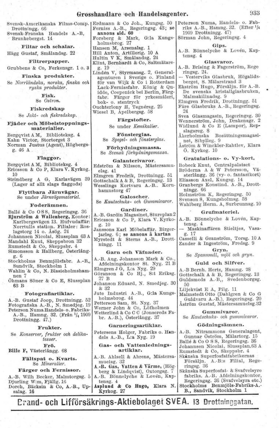 4 Kahn VictQr, Stortorget 3 Norman' Justus (Agent), Högbergsg. 46 A. ' Flaggor. Bergqvist A M, Biblioteksg. 4 Ericsson &; Co P, Klara V. Kyrkog.