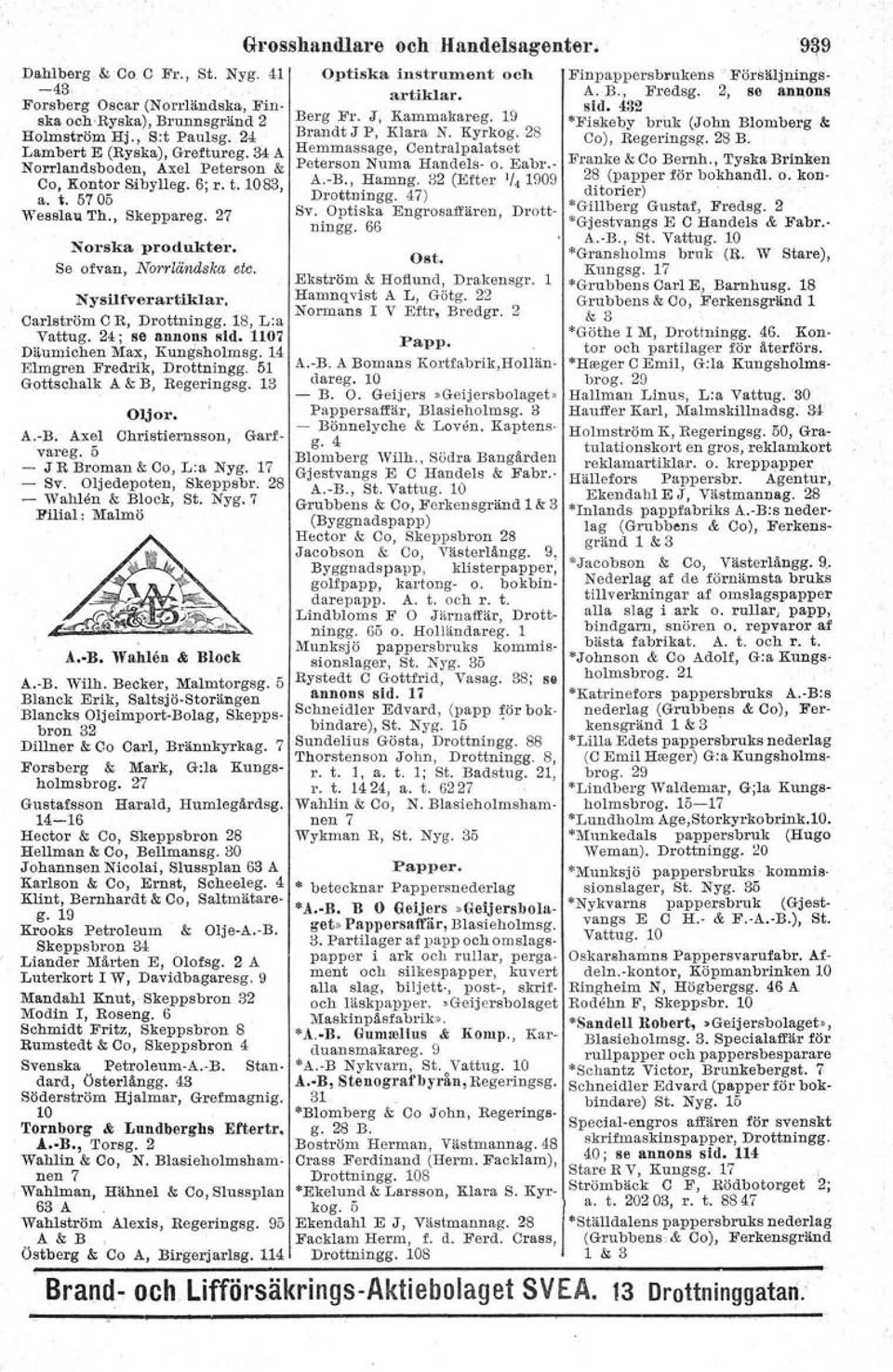 Carlström C R, Drottningg. 18, L:a Vattug. 24; se annons Mid. 1107 Däumichen Max, Kuugaholrnag. 14 Elmgren Fredrik, Drottningg. 51 Gottschalk A & B, Regeringsg. 13 Oljor. A.-B.