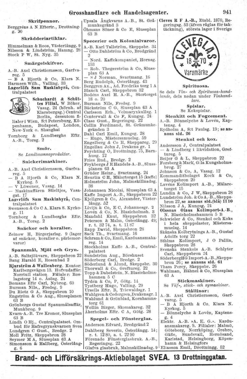 'I'hegerström & Ca, Slussreg. 5 plan 68 A -B A Hjorth & Co, Klara N. - ~ J Norman, Svartmana. 16 Harmsen Wilh., Valling. 88 Berg Rudolph, Öster långg. 43 Ll'gerlöfs Sam liask1nbrrå, Cen- Berggren Ax.