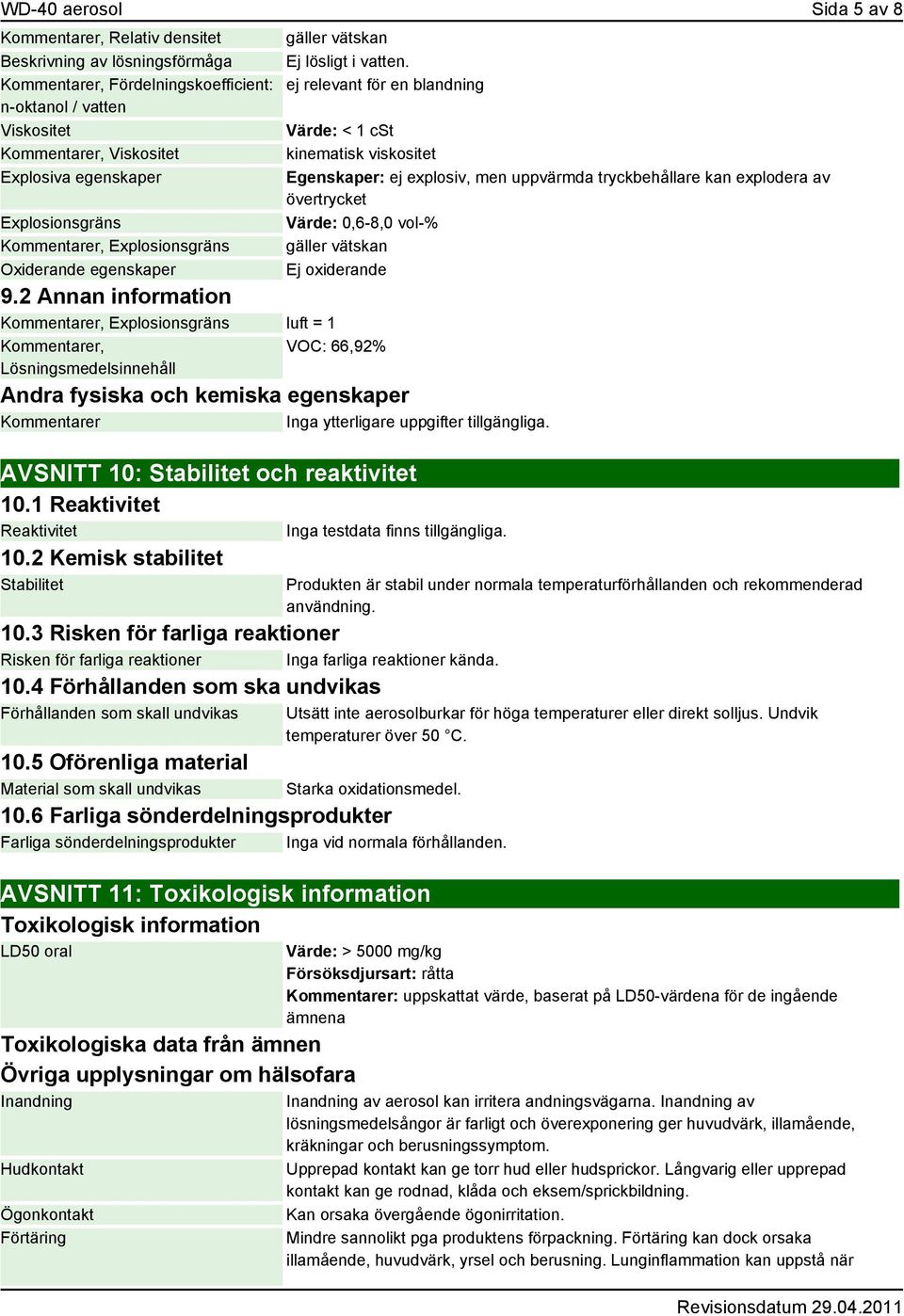 ej relevant för en blandning Värde: < 1 cst kinematisk viskositet Egenskaper: ej explosiv, men uppvärmda tryckbehållare kan explodera av övertrycket Värde: 0,6-8,0 vol-% gäller vätskan Ej oxiderande