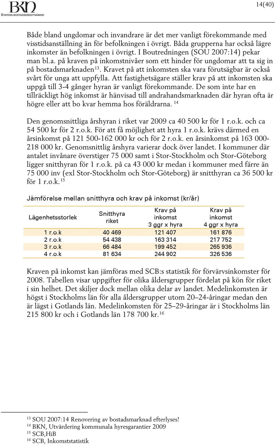 Kravet på att inkomsten ska vara förutsägbar är också svårt för unga att uppfylla. Att fastighetsägare ställer krav på att inkomsten ska uppgå till 3-4 gånger hyran är vanligt förekommande.