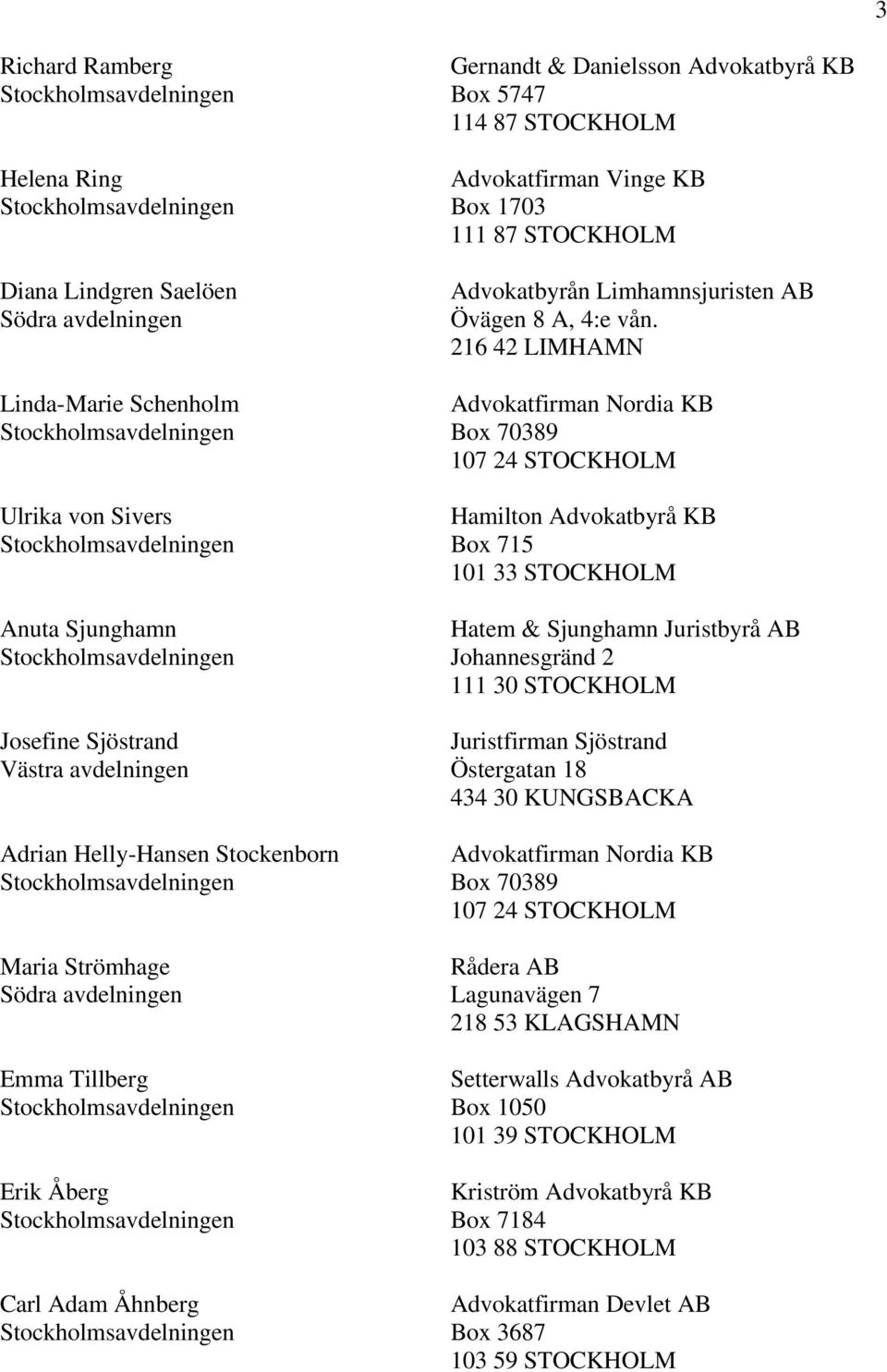 216 42 LIMHAMN Advokatfirman Nordia KB Box 70389 107 24 STOCKHOLM Hamilton Advokatbyrå KB Box 715 101 33 STOCKHOLM Hatem & Sjunghamn Juristbyrå AB Johannesgränd 2 111 30 STOCKHOLM Juristfirman