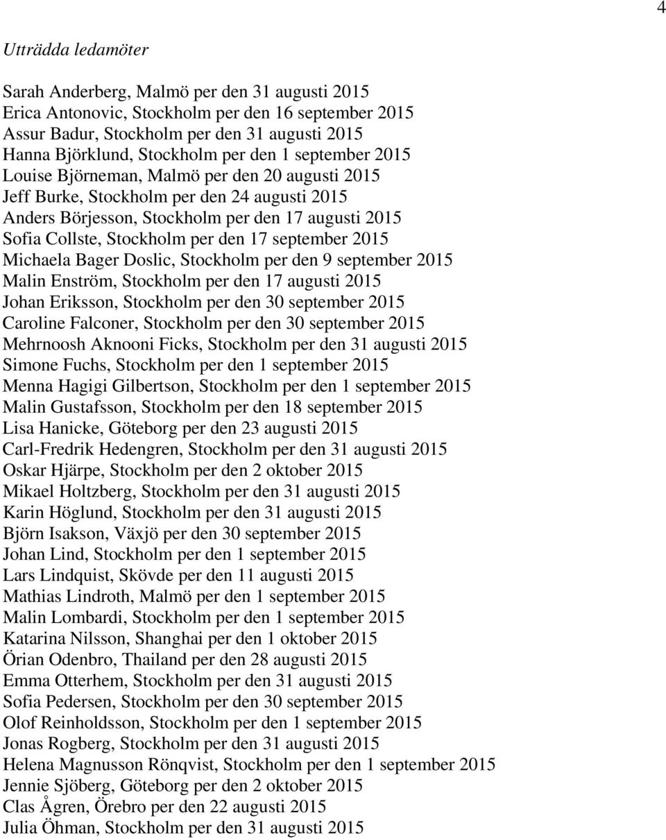 17 september 2015 Michaela Bager Doslic, Stockholm per den 9 september 2015 Malin Enström, Stockholm per den 17 augusti 2015 Johan Eriksson, Stockholm per den 30 september 2015 Caroline Falconer,
