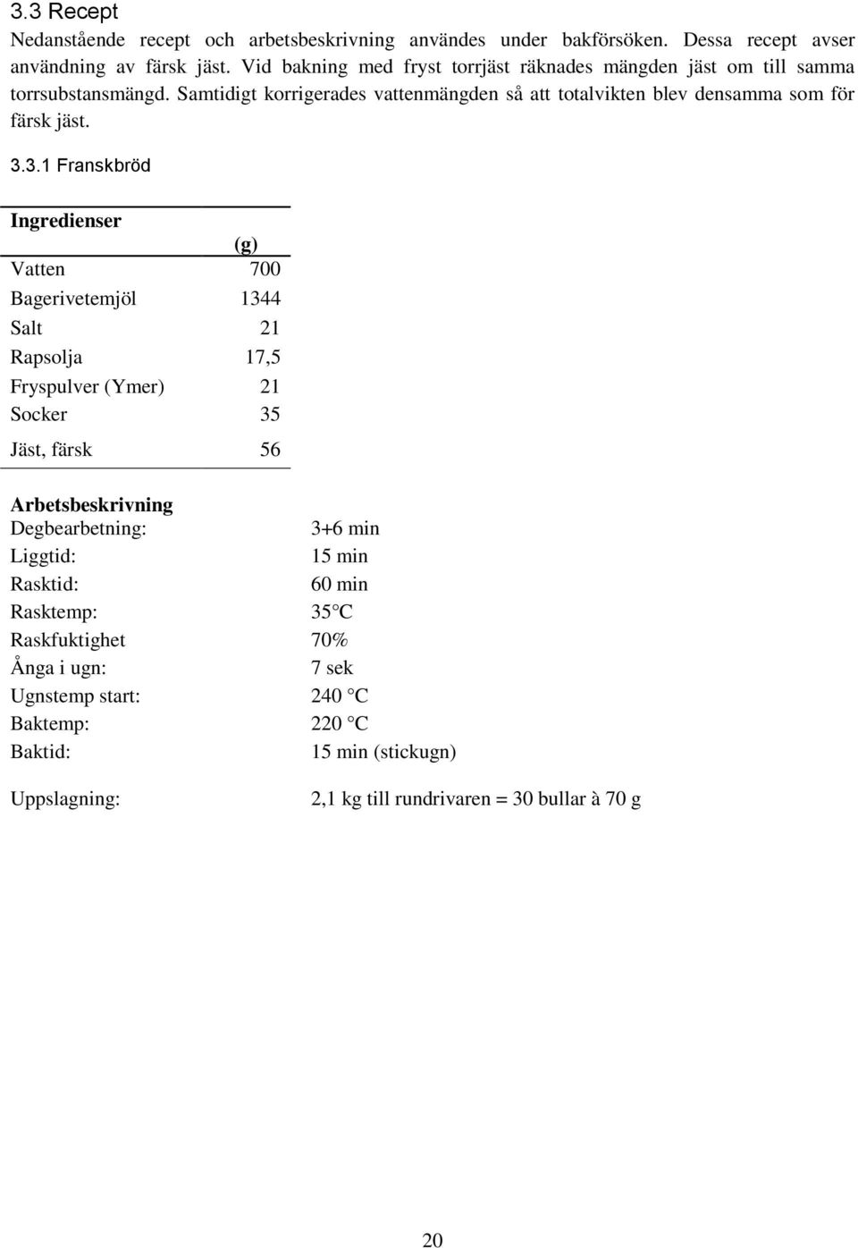 Smtidigt korrigerdes vttenmängden så tt totlvikten blev densmm som för färsk jäst. 3.