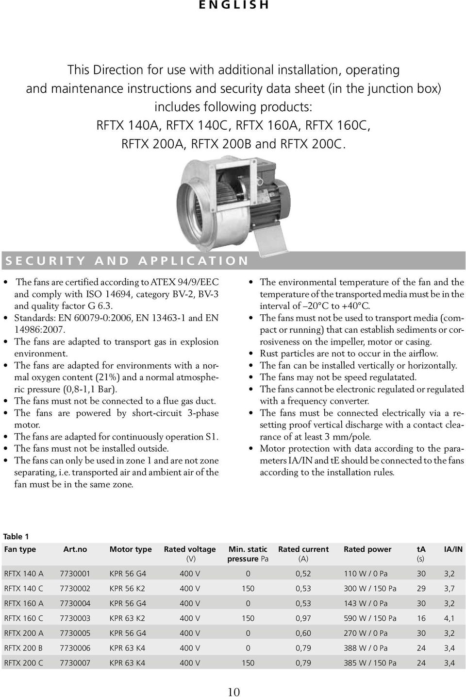 SECURITY AND APPLICATION The fans are certified according to ATEX 94/9/EEC and comply with ISO 14694, category BV-2, BV-3 and quality factor G 6.3. Standards: EN 60079-0:2006, EN 13463-1 and EN 14986:2007.