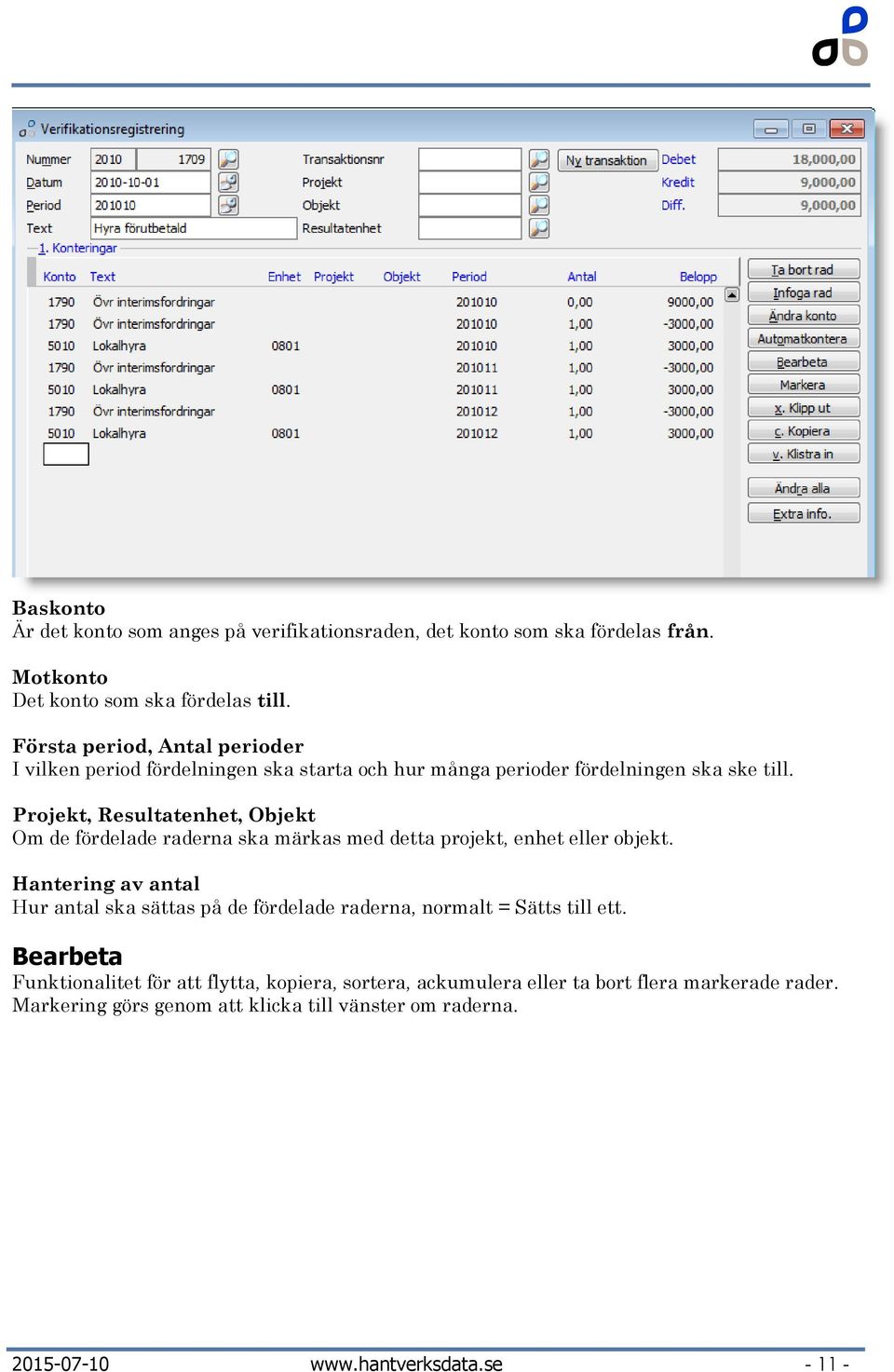 Projekt, Resultatenhet, Objekt Om de fördelade raderna ska märkas med detta projekt, enhet eller objekt.