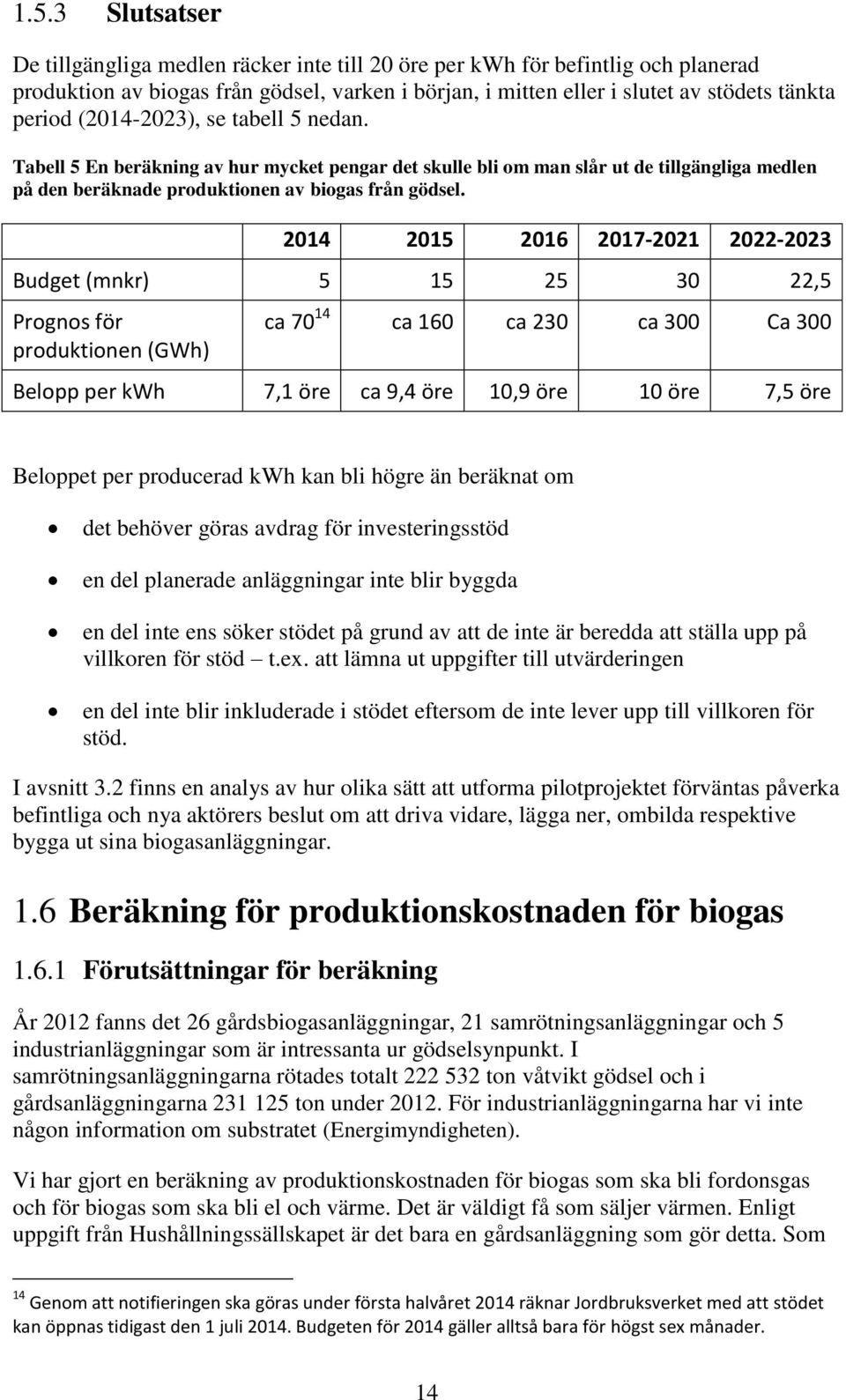 2014 2015 2016 2017-2021 2022-2023 Budget (mnkr) 5 15 25 30 22,5 Prognos för produktionen (GWh) ca 70 14 ca 160 ca 230 ca 300 Ca 300 Belopp per kwh 7,1 öre ca 9,4 öre 10,9 öre 10 öre 7,5 öre Beloppet