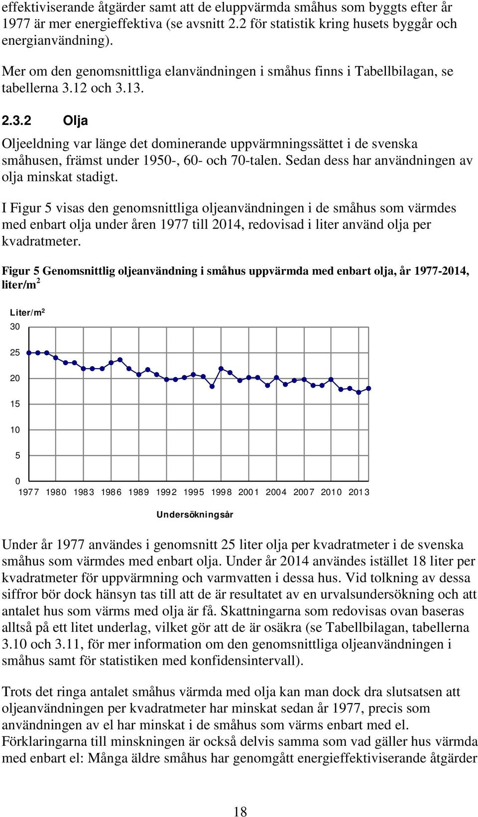 12 och 3.13. 2.3.2 Olja Oljeeldning var länge det dominerande uppvärmningssättet i de svenska småhusen, främst under 1950-, 60- och 70-talen. Sedan dess har användningen av olja minskat stadigt.