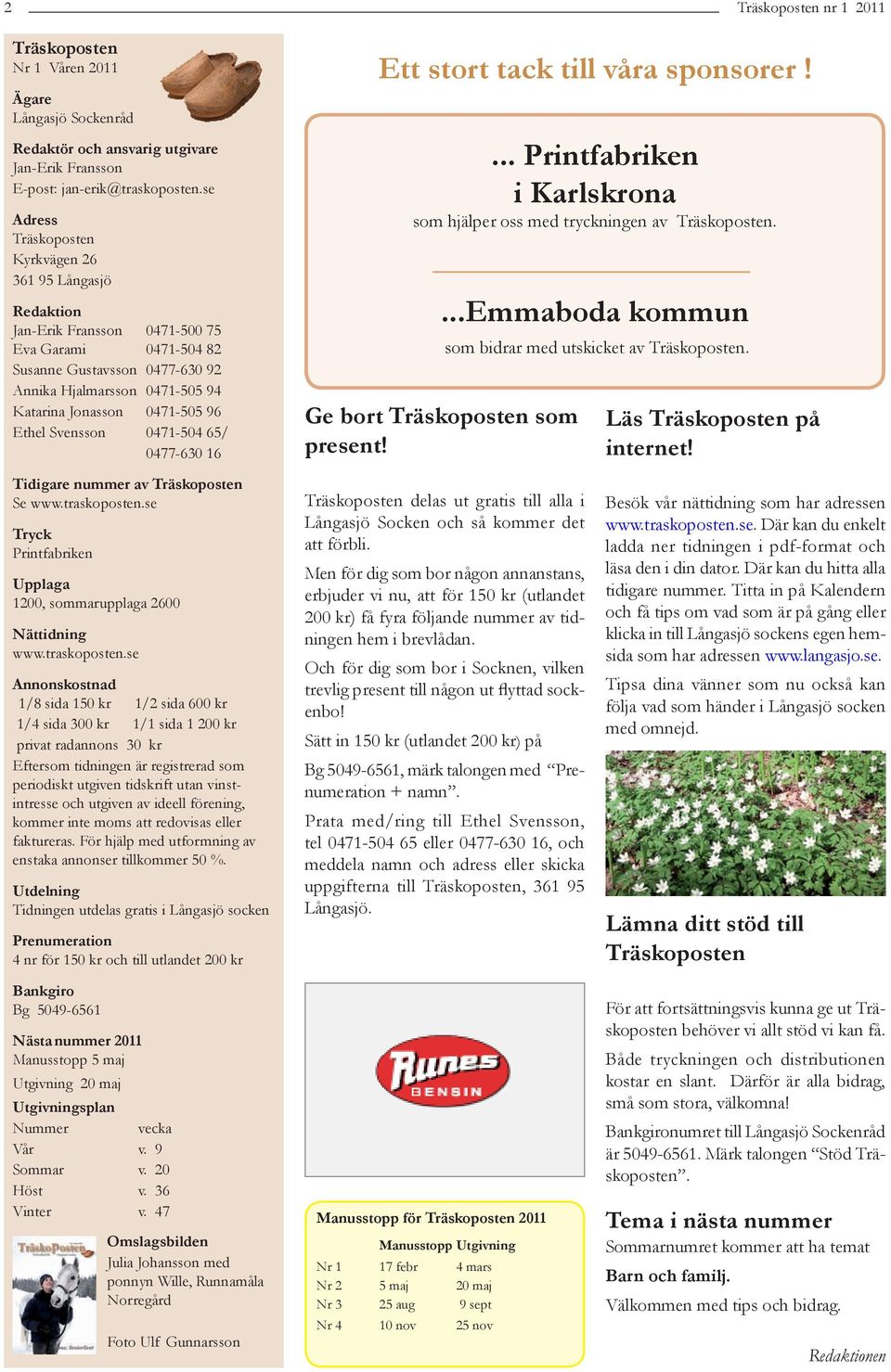 0471-505 96 Ethel Svensson 0471-504 65/ 0477-630 16... Printfabriken i Karlskrona som hjälper oss med tryckningen av Träskoposten....Emmaboda kommun som bidrar med utskicket av Träskoposten.