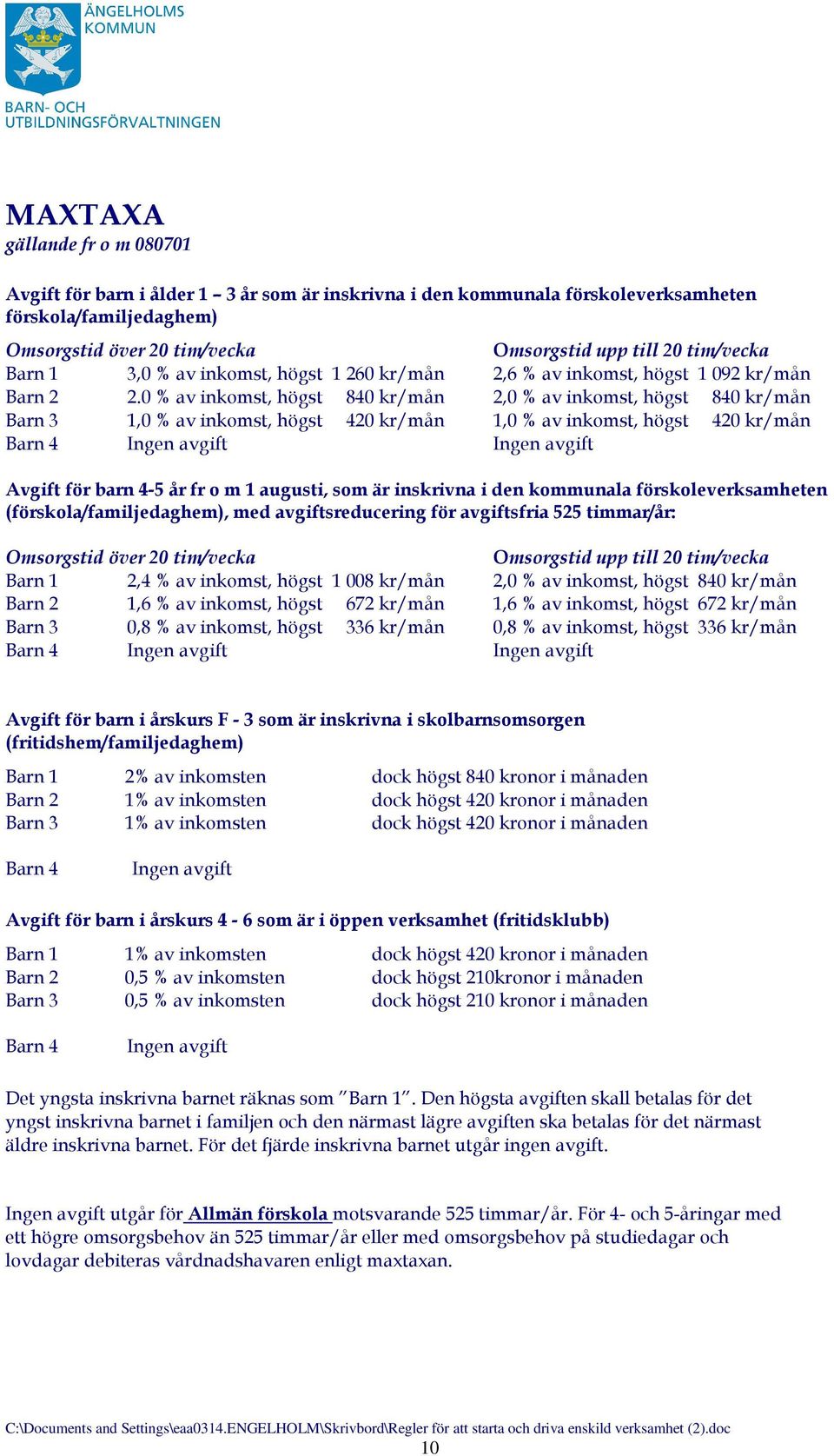 0 % av inkomst, högst 840 kr/mån 2,0 % av inkomst, högst 840 kr/mån Barn 3 1,0 % av inkomst, högst 420 kr/mån 1,0 % av inkomst, högst 420 kr/mån Barn 4 Ingen avgift Ingen avgift Avgift för barn 4-5