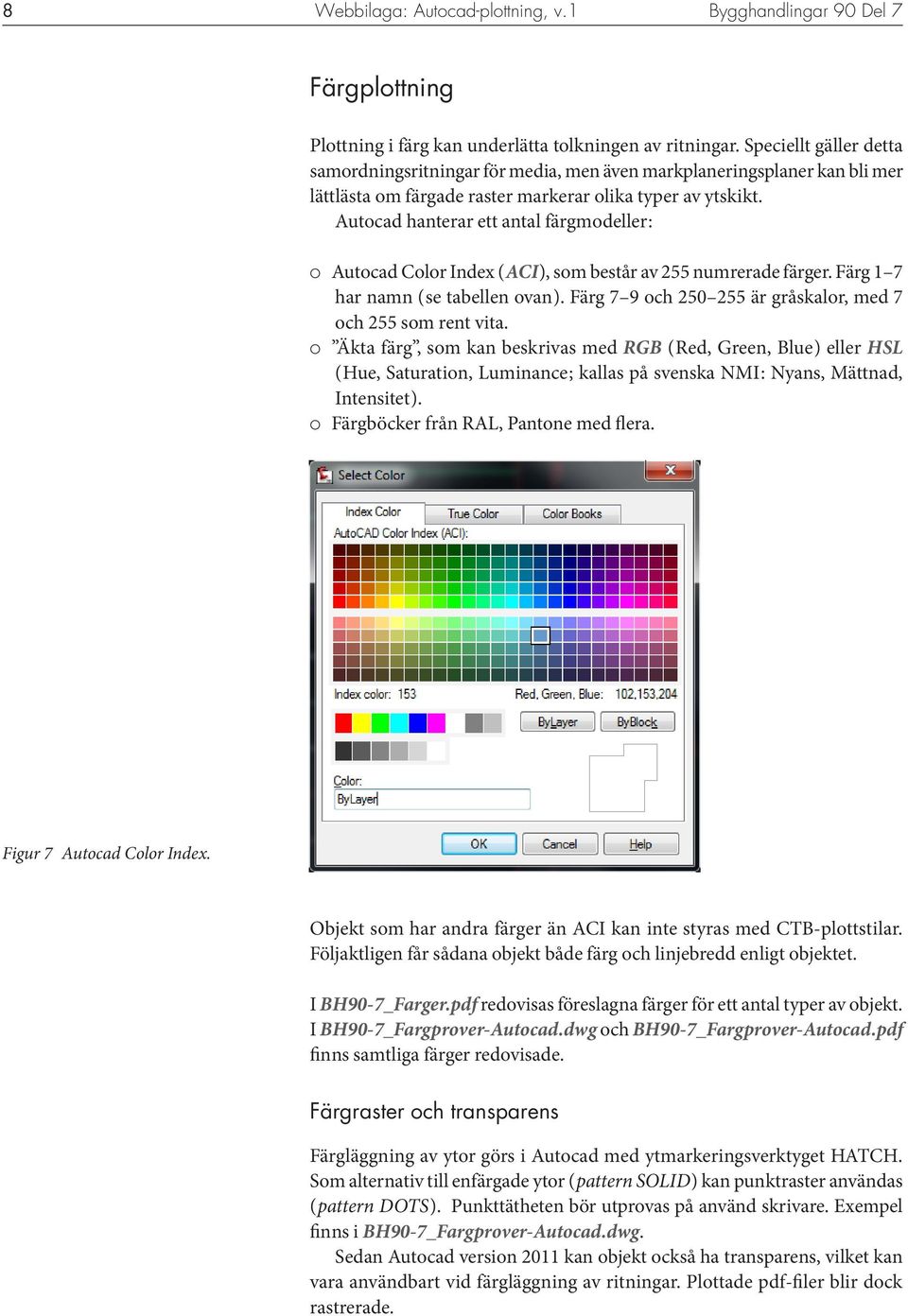 Autocad hanterar ett antal färgmodeller : Autocad Color Index ( ACI ), som består av 255 numrerade färger. Färg 1 7 har namn ( se tabellen ovan ).