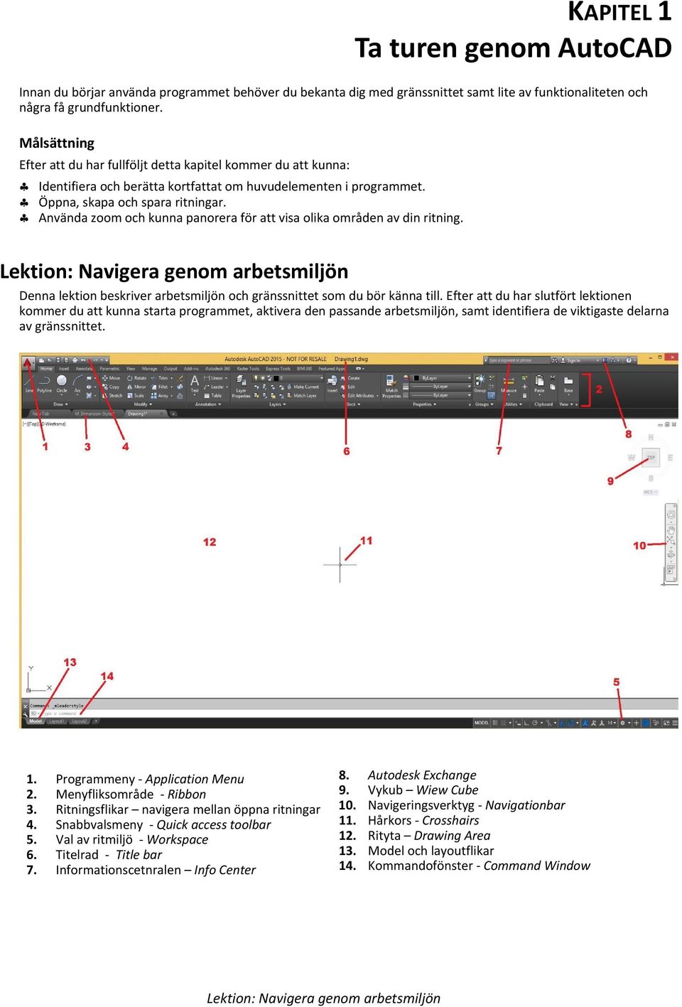 Använda zoom och kunna panorera för att visa olika områden av din ritning. Lektion: Navigera genom arbetsmiljön Denna lektion beskriver arbetsmiljön och gränssnittet som du bör känna till.