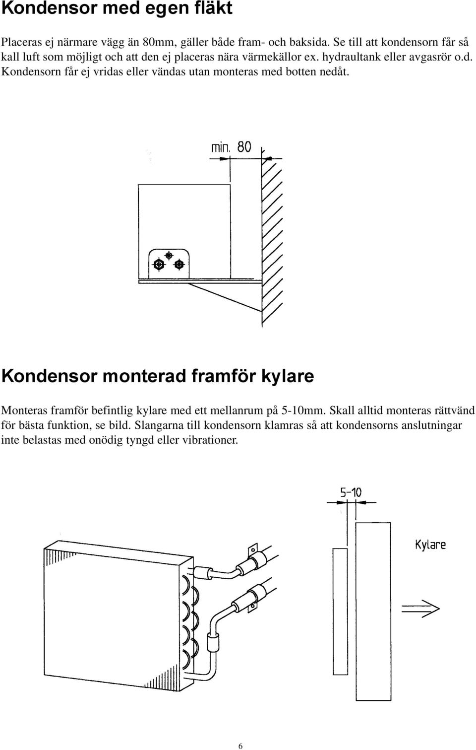 Kondensor monterad framför kylare Monteras framför befintlig kylare med ett mellanrum på 5-10mm.