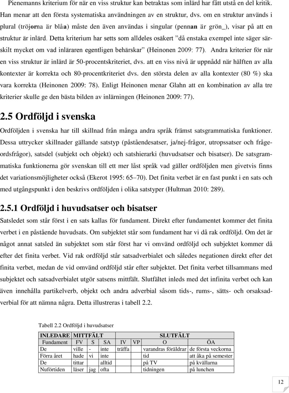 Detta kriterium har setts som alldeles osäkert då enstaka exempel inte säger särskilt mycket om vad inläraren egentligen behärskar (Heinonen 2009: 77).