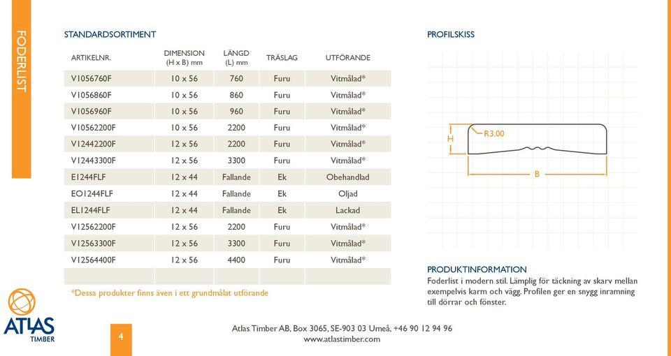 Oljad EL1244FLF 12 x 44 Fallande Ek Lackad V12562200F 12 x 56 2200 Furu Vitmålad* V12563300F 12 x 56 3300 Furu Vitmålad* V12564400F 12 x 56 4400 Furu Vitmålad*