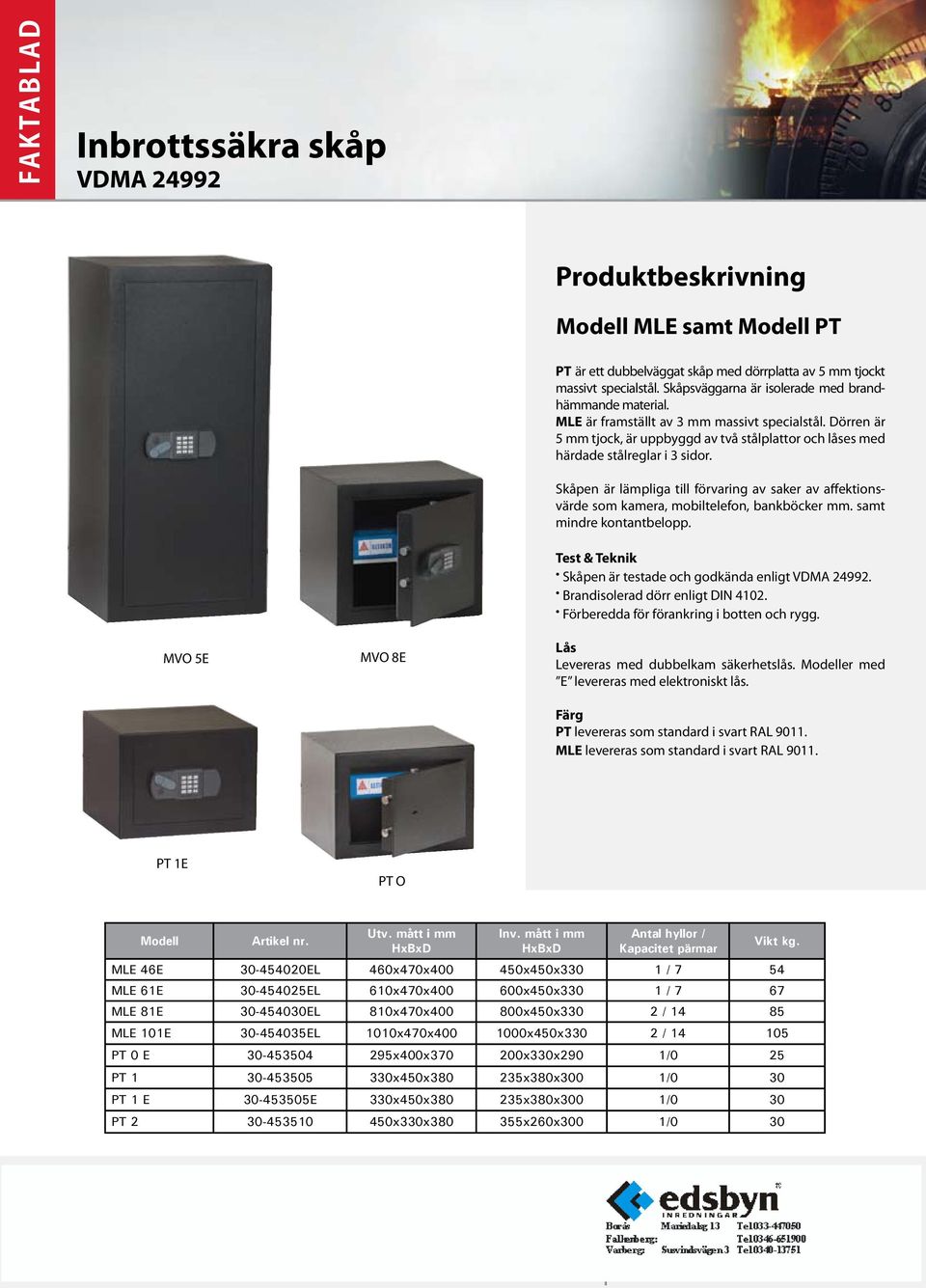 Skåpen är lämpliga till förvaring av saker av affektionsvärde som kamera, mobiltelefon, bankböcker mm. samt mindre kontantbelopp. Skåpen är testade och godkända enligt VDMA 24992.